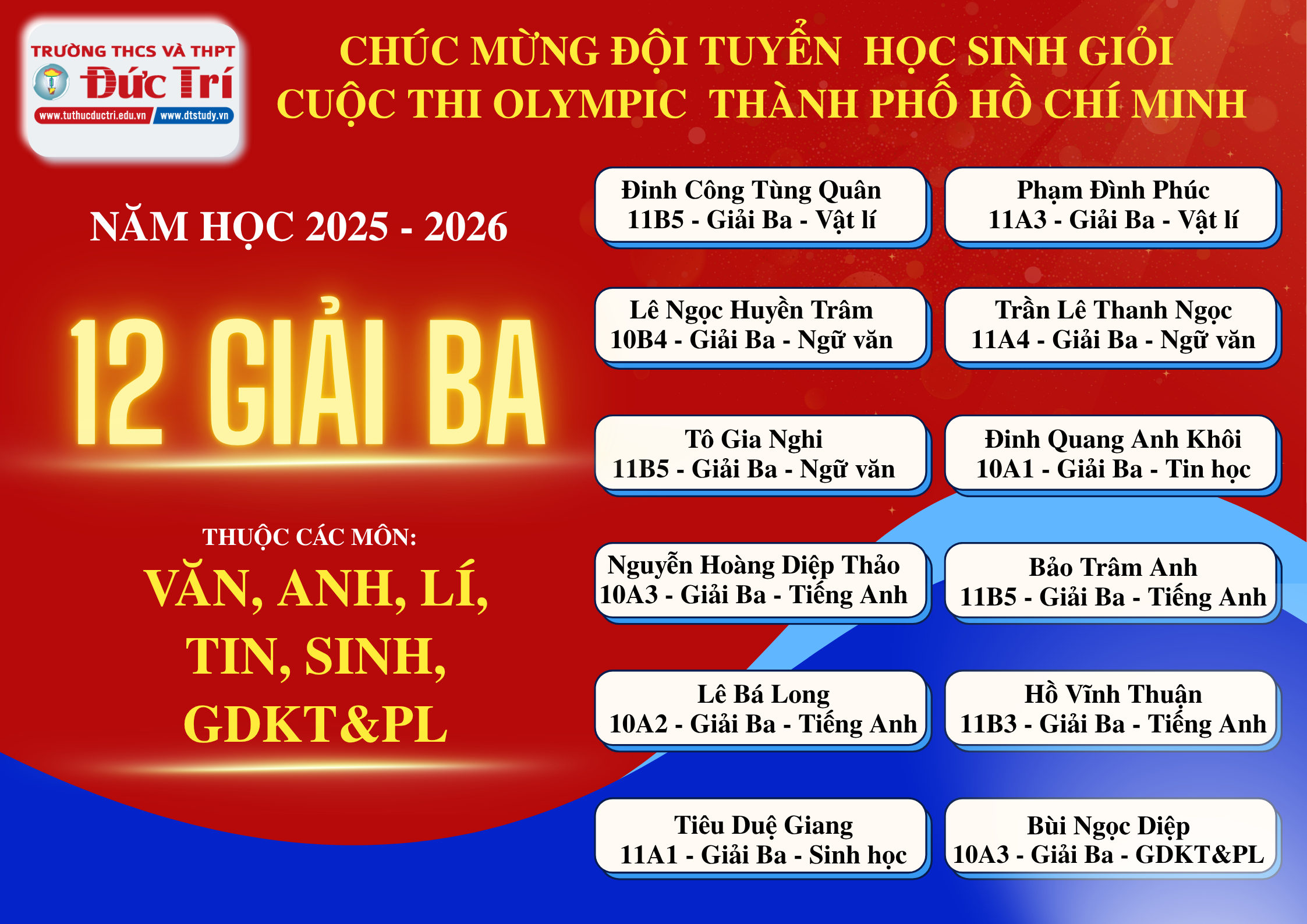 Đội tuyển học sinh giỏi Trường THCS và THPT Đức Trí đạt 12 Giải Ba tại Cuộc thi Olympic Thành phố Hồ Chí Minh năm học 2025–2026