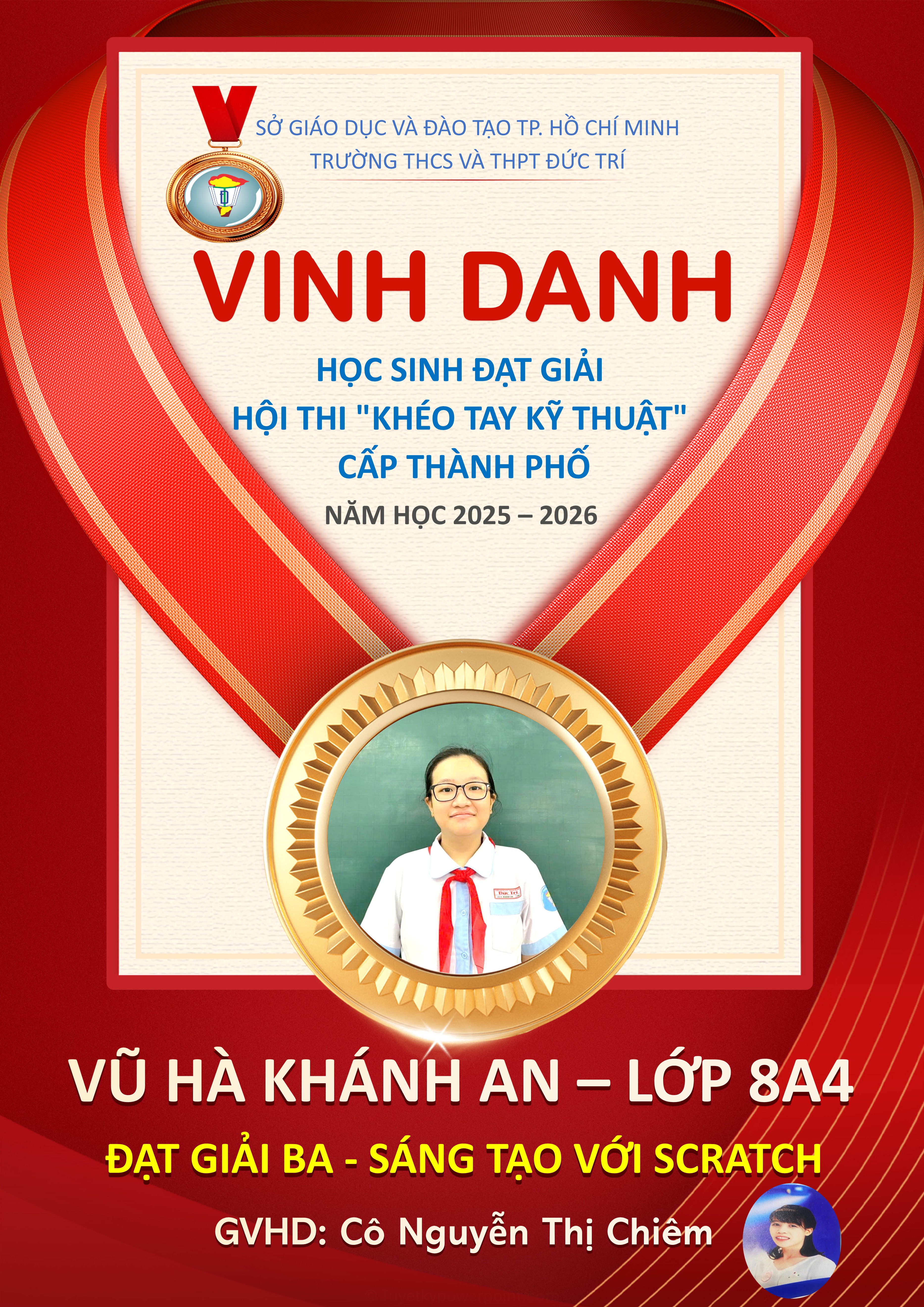 CHÚC MỪNG EM VŨ HÀ KHÁNH AN ĐẠT GIẢI BA – SÁNG TẠO VỚI SCRATCH TẠI HỘI THI “KHÉO TAY KỸ THUẬT” CẤP THÀNH PHỐ NĂM HỌC 2025 – 2026