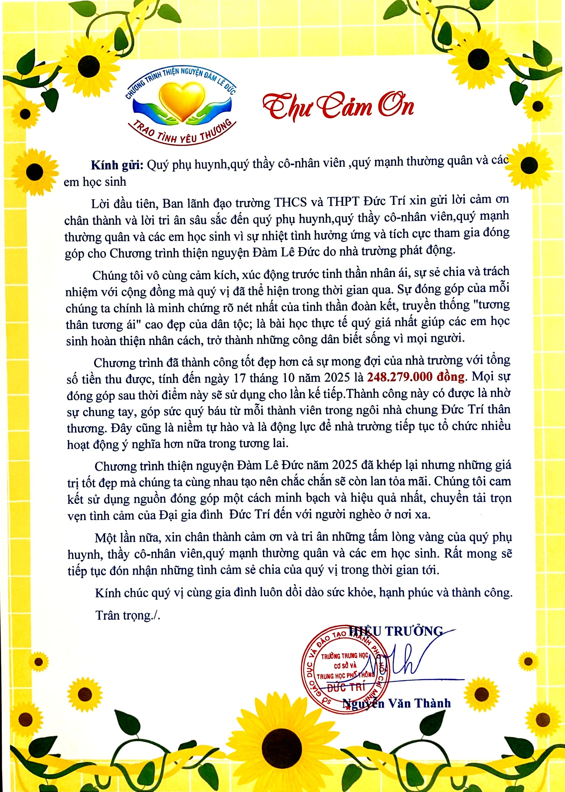 CHƯƠNG TRÌNH THIỆN NGUYỆN ĐÀM LÊ ĐỨC - THƯ CẢM ƠN