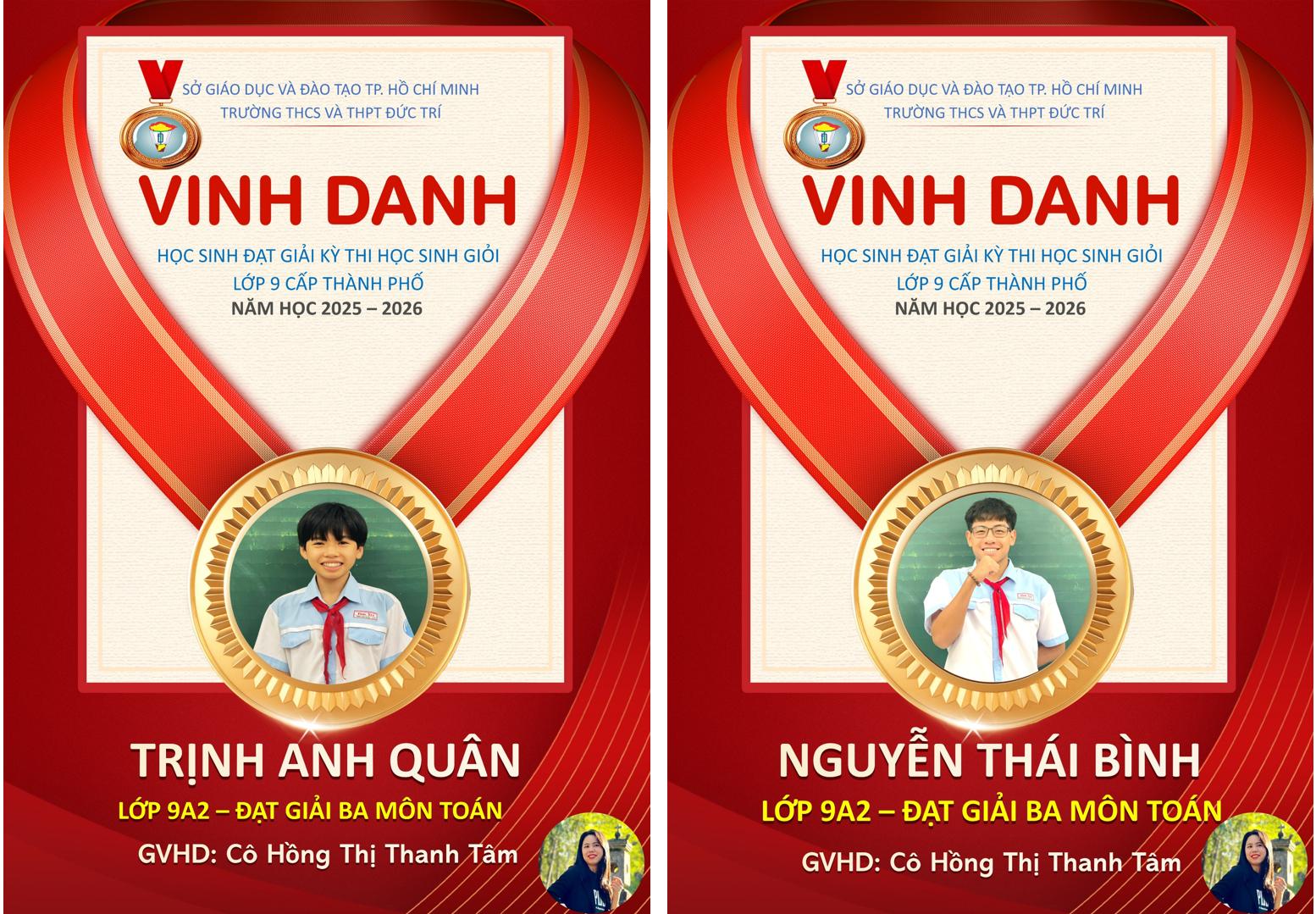 VINH DANH HỌC SINH ĐẠT GIẢI KỲ THI HỌC SINH GIỎI LỚP 9 CẤP THÀNH PHỐ NĂM HỌC 2025 – 2026